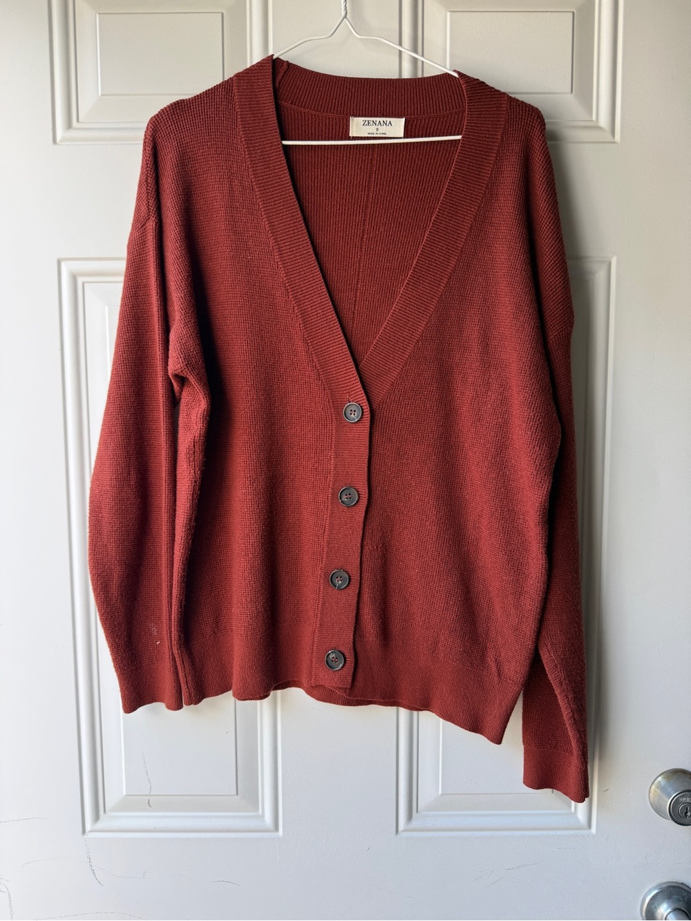 Zenana Outfitters Rust-Red Button V-Neck Cardigan